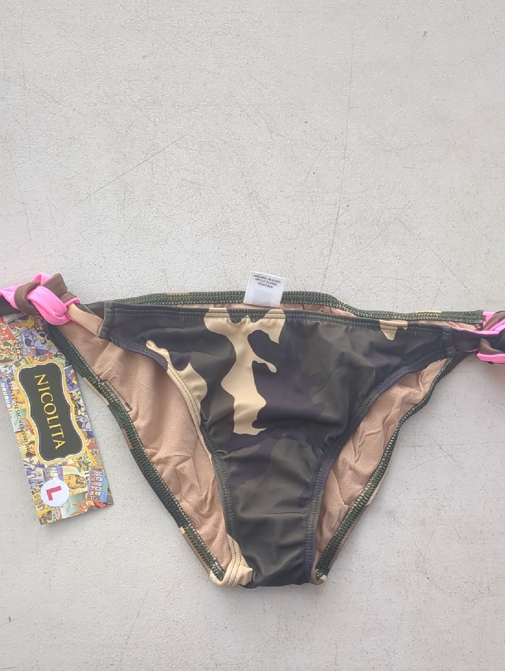 Nicolita Green Camo Bikini Bottom with Pink Side Ties